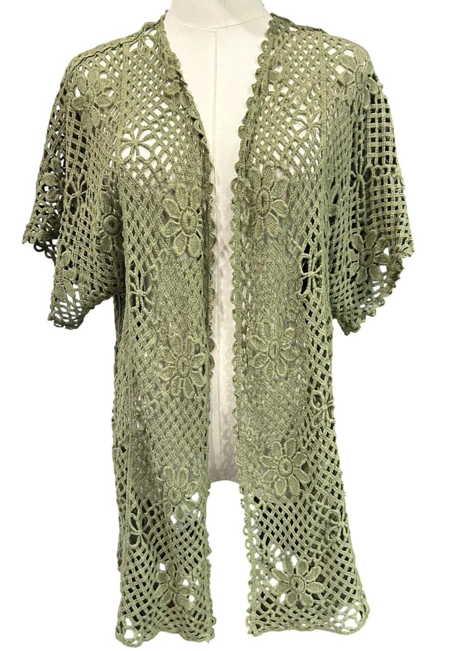 WoWo Boho Crochet Daisy Flower Open Weave Knit Top Hippie Green Size L Festival